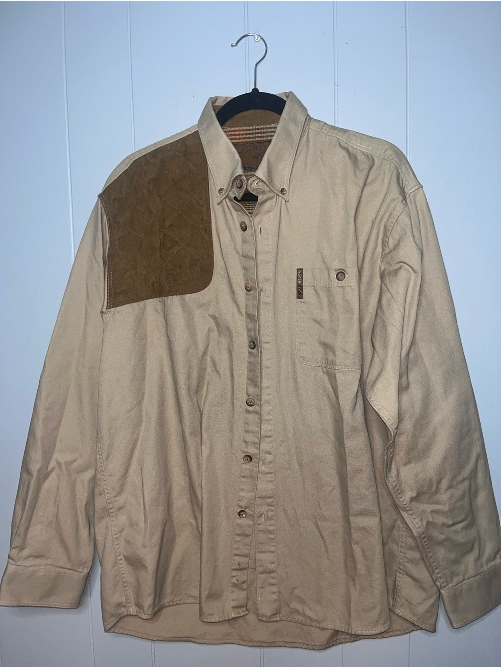 Men's Tan Button-Down Shirt with Brown Quilted Shoulder Patch